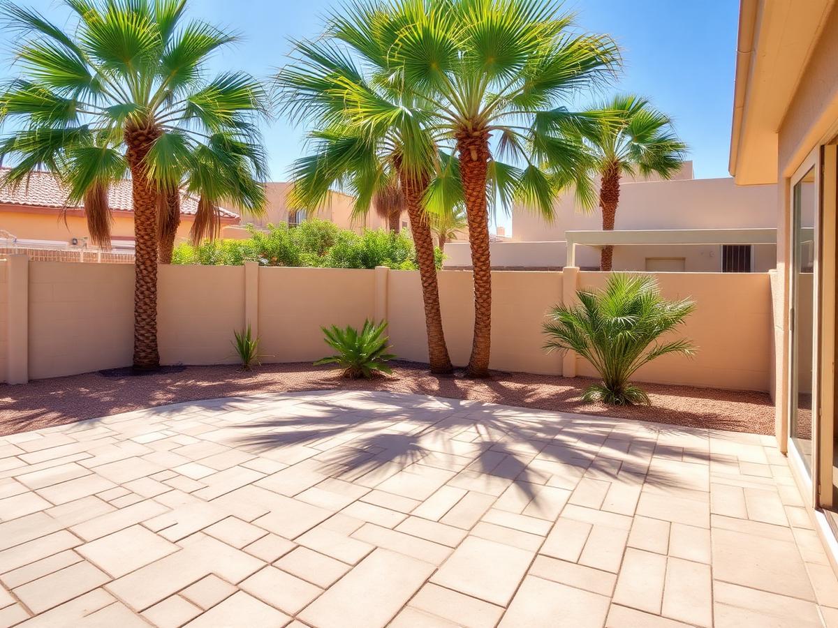Empty paved Arizona backyard with palm trees