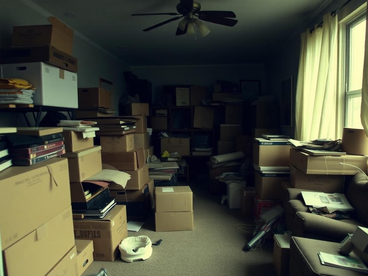 Living room full of stacked boxes and old furniture