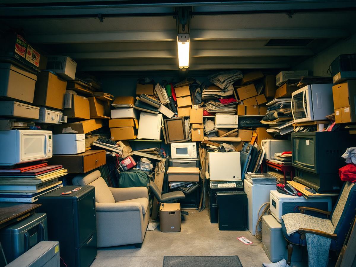 Cluttered garage filled with old furniture and boxes