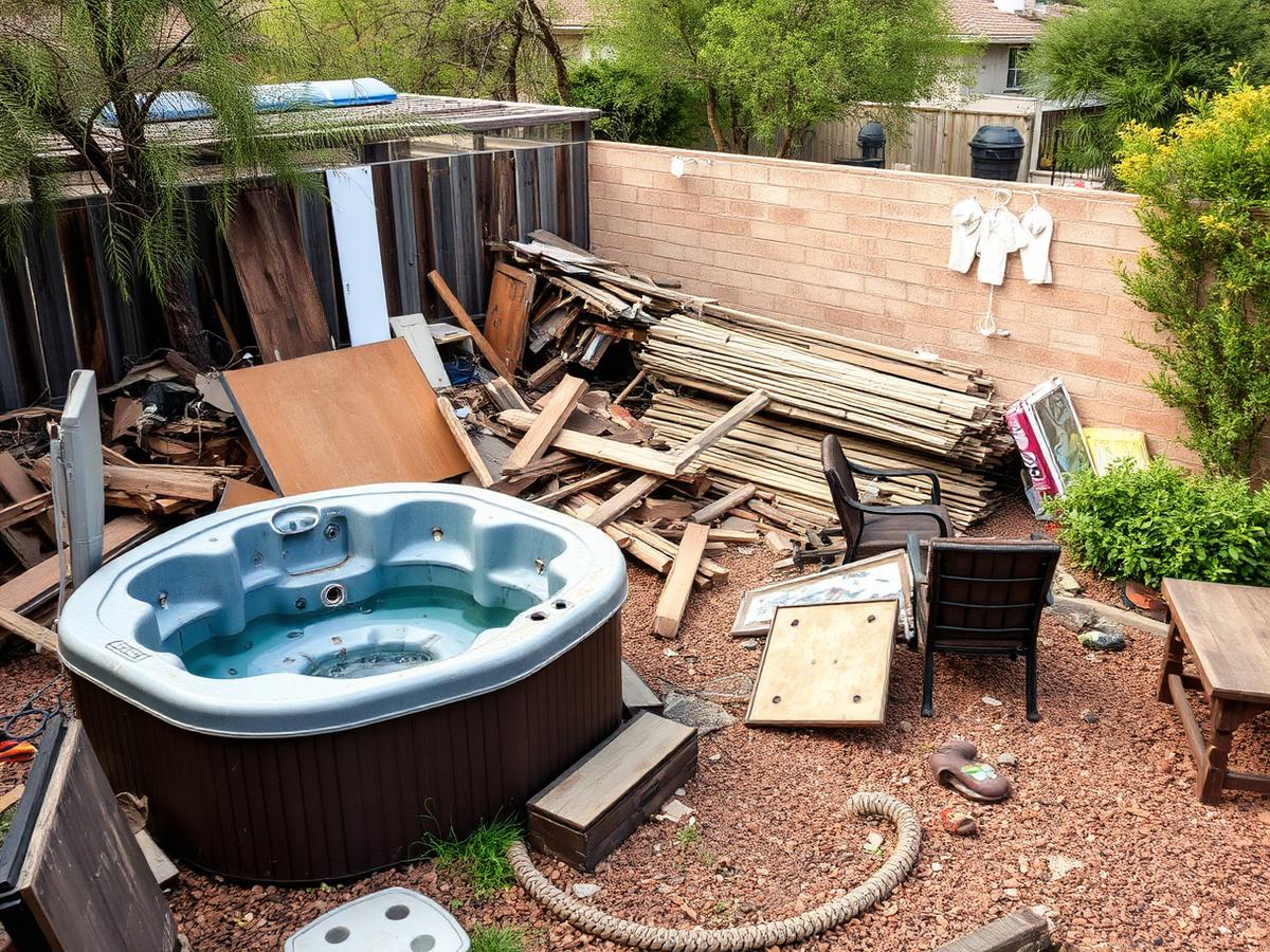 Backyard with broken hot tub and lumber debris